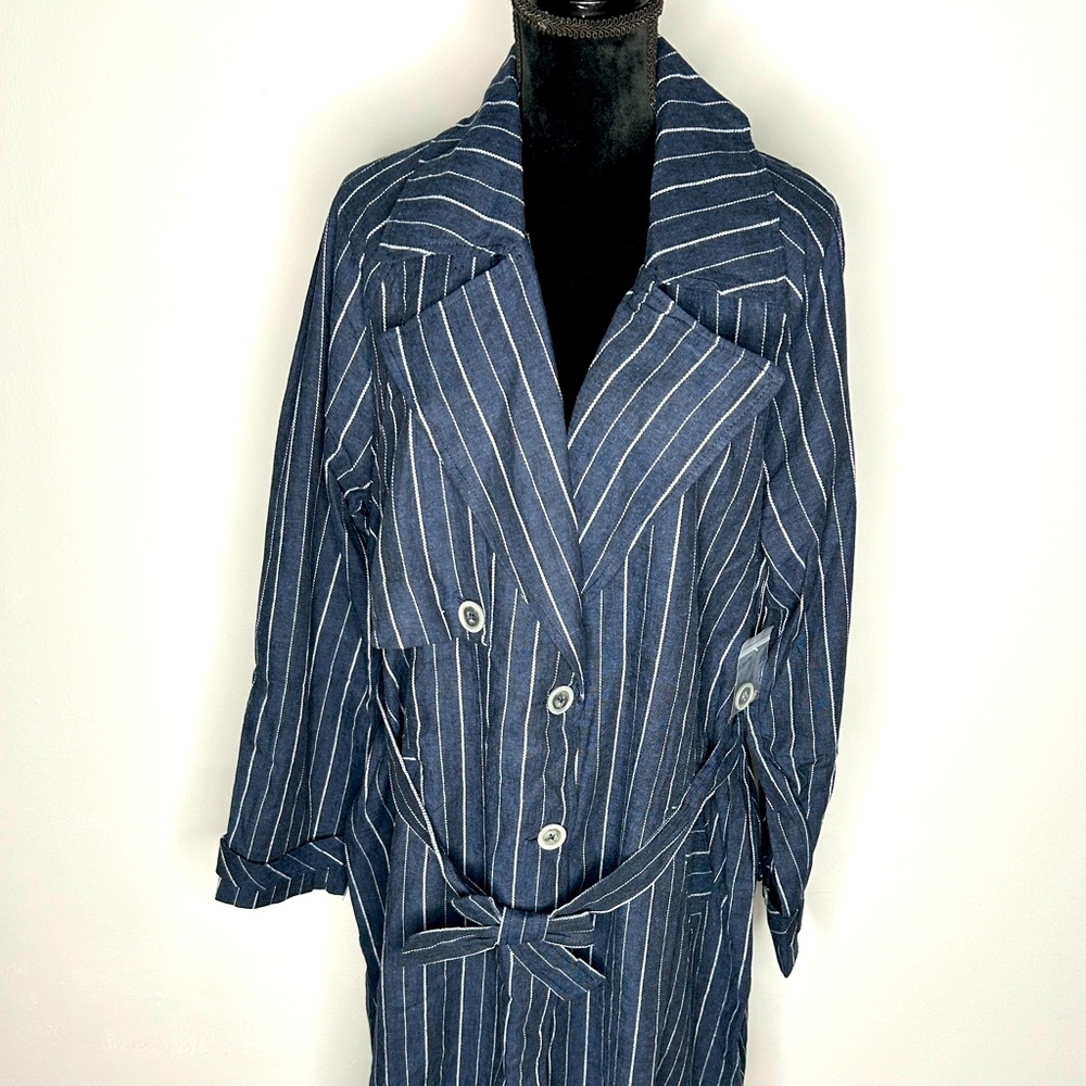 FREE PEOPLE WE THE FREE Over Sized Melia Mac Navy Blue Stripes Med Trench Coat